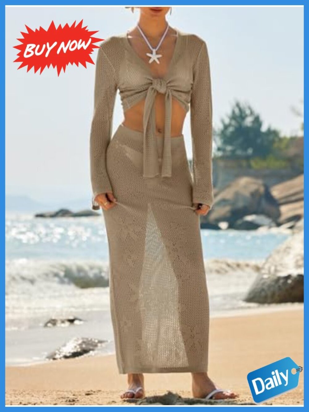 Womens Crochet Swimsuit Cover Up 2 Piece Beach Set Long Sleeve Boho Knit - Picture 3 of 5